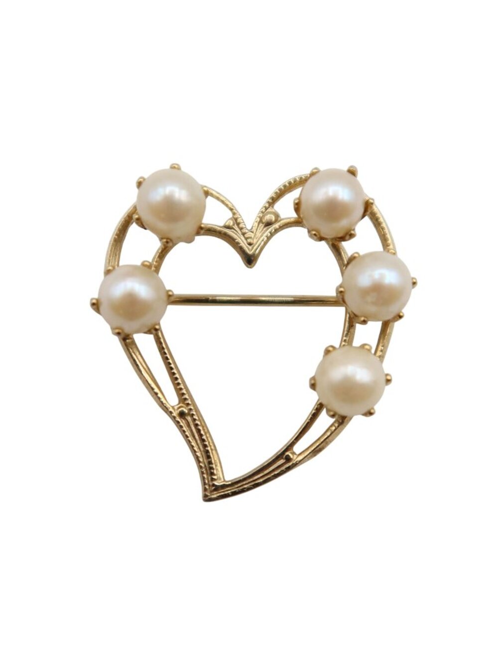 Vintage Gold Tone Heart & Faux Pearl Brooch Pin Dainty Love Elegant 1" Unsigned